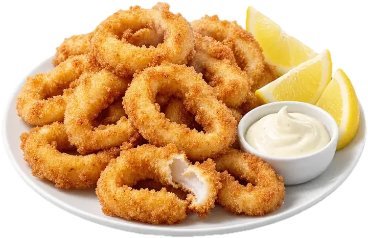Plato de calamares a la romana dorados con limón y un cuenco de alioli