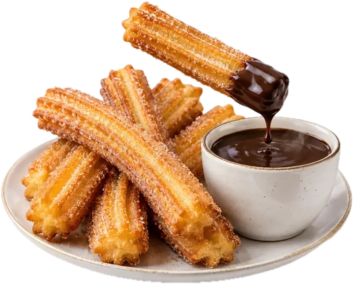 Churros con azúcar y un cuenco de chocolate