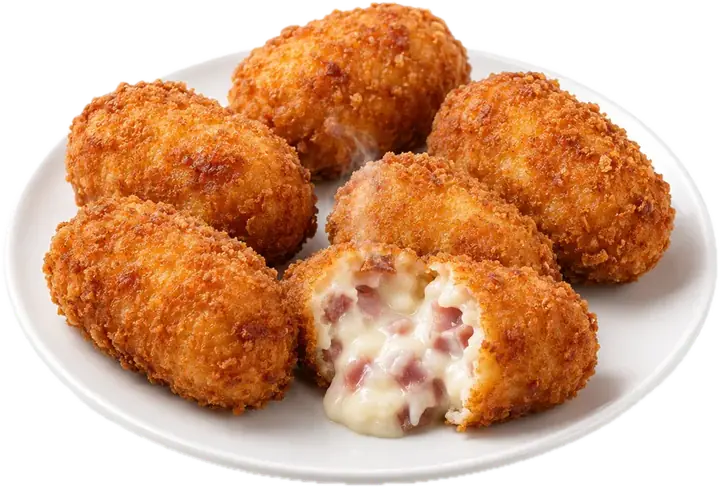 Croquetas de jamón doradas, una abierta con relleno cremoso