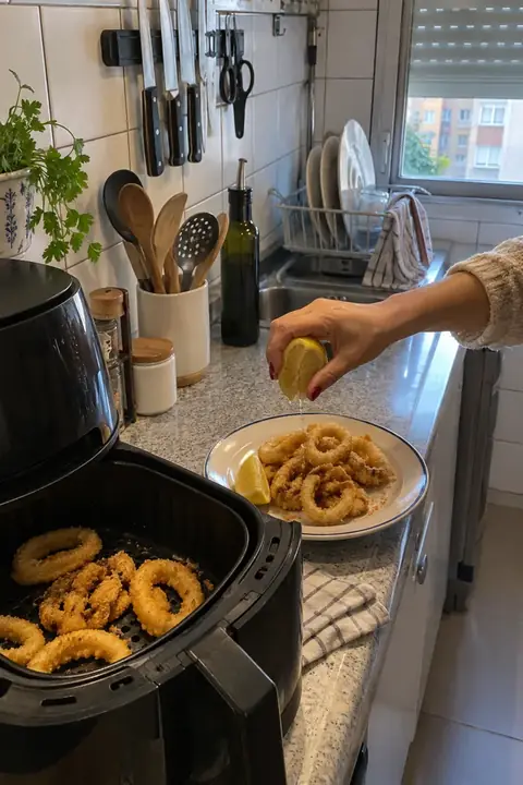 Calamares a la romana en una cocina pequeña, con la cesta de la freidora abierta al lado