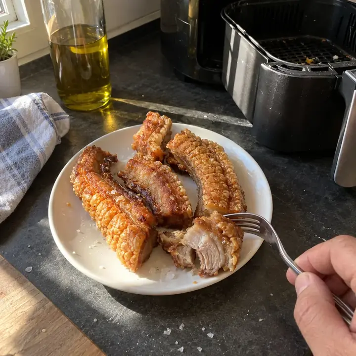 Plato de torreznos con la corteza hinchada junto a la freidora de aire