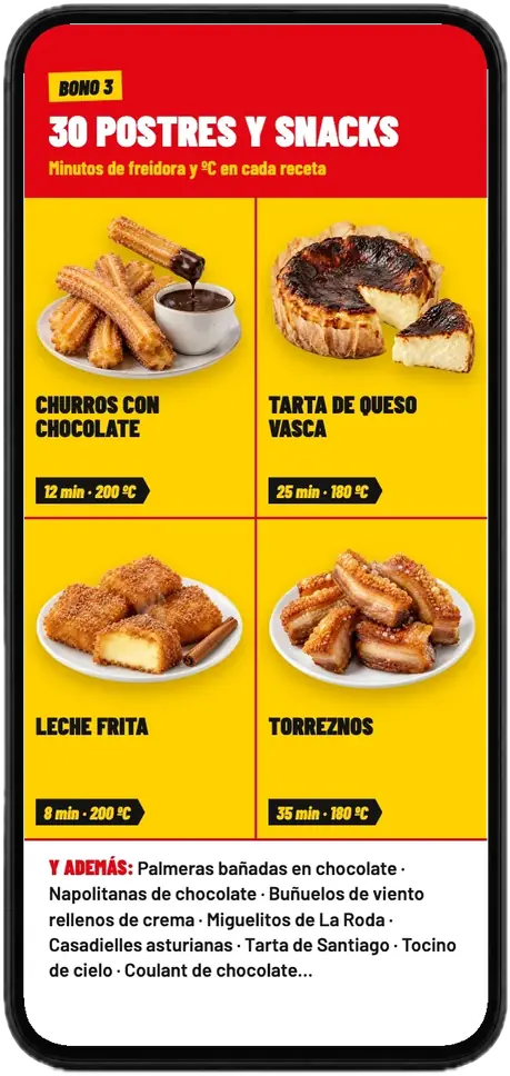 Bono de postres y snacks abierto en un móvil: churros con chocolate, tarta de queso vasca, leche frita y torreznos