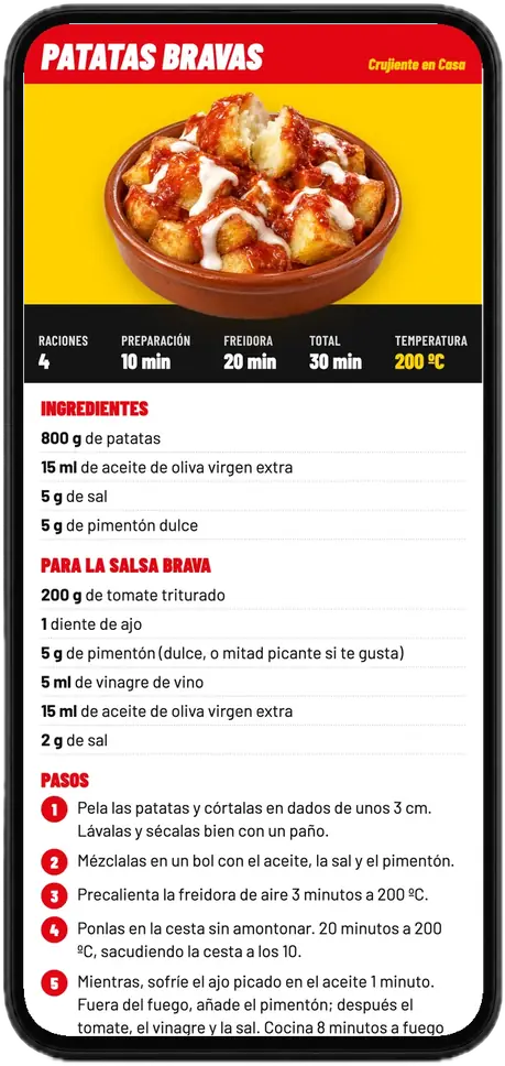 Página de la receta de patatas bravas del recetario, abierta en un móvil