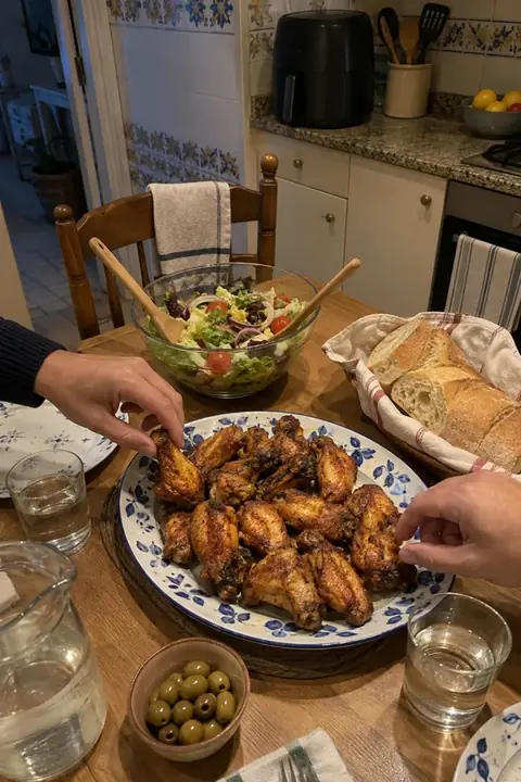 Mesa familiar con una fuente de alitas de pollo, ensalada y pan